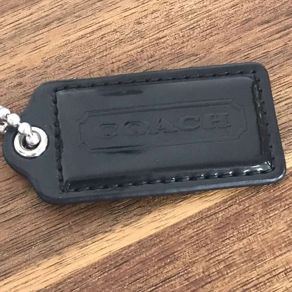 Vintage Coach Black Patent Leather Hang Tag Key Fob Bag Charm 2.5” Silver